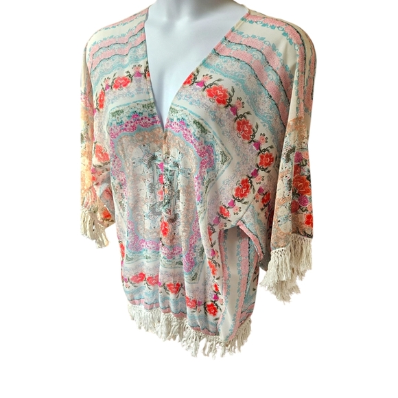 OPEN Floral Chiffon Fringe Boo-boo Style Swimsuit Cover-Up Size LG/XL - Picture 5 of 12